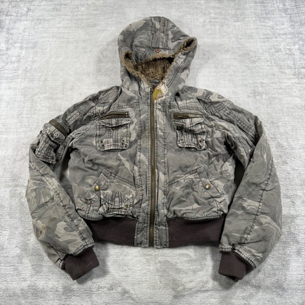 Aeropostale Jacket Womens Medium Gray Camo Bomber Sherpa Hood Military Vtg Y2K
